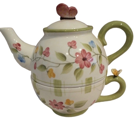 NIB HOME INTERIORS Tea for One Ceramic Floral Teapot & Cup Set w/ Butterfly Lid - Picture 2 of 9